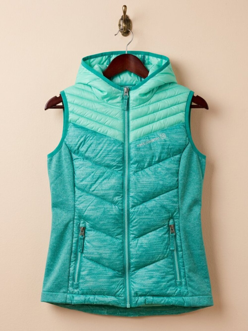Free Country Girls Teal Hooded Hybrid Down Puffer Vest Size M 10/12